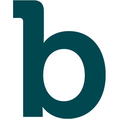 Kleine letter "b" in een donkere blauwgroen kleur, met een unieke gebogen steel die een ronde vorm vormt, wat een subtiele knipoog naar de toekomst oproept.