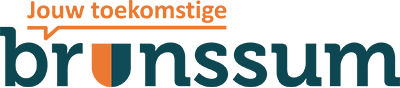 Logo met de tekst "Jouw toekomstige Brunssum" in levendige oranje en blauwgroen kleuren, voorzien van een tekstballonontwerp.