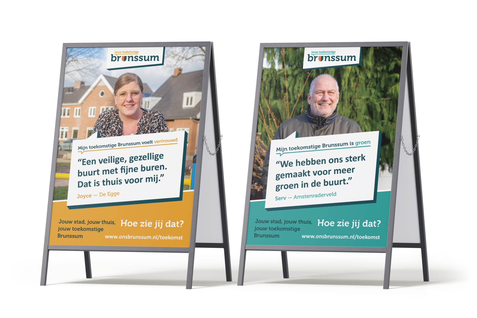 Twee A-frame borden waarin buurtinitiatieven worden gepromoot met foto's van lachende mensen en Nederlandse tekst over buurtveiligheid en groen in Jouw Toekomstige Brunssum.