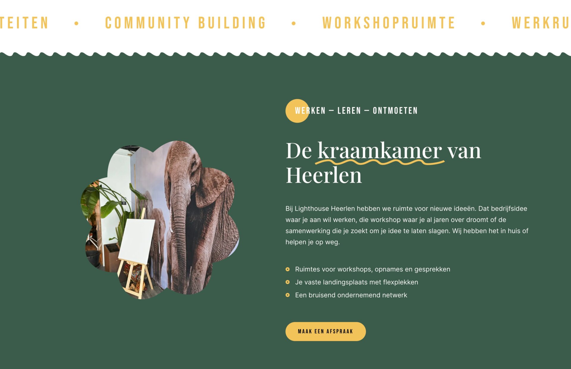 Groene achtergrond met tekst over "De Kraamkamer van Heerlen" met een afbeelding van een werkruimte versierd met planten, die de essentie van creativiteit en groei vastlegt. Vlakbij staat de iconische Vuurtoren Heerlen hoog, als symbool van begeleiding en inspiratie voor iedereen die op bezoek komt.