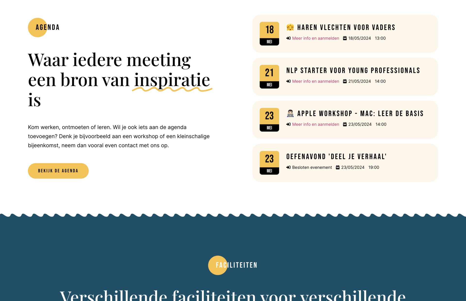 Agenda met vier evenementenoverzichten op een witte achtergrond en de titel "Waar iedere bijeenkomst een bron van inspiratie is", gehost bij Vuurtoren Heerlen.