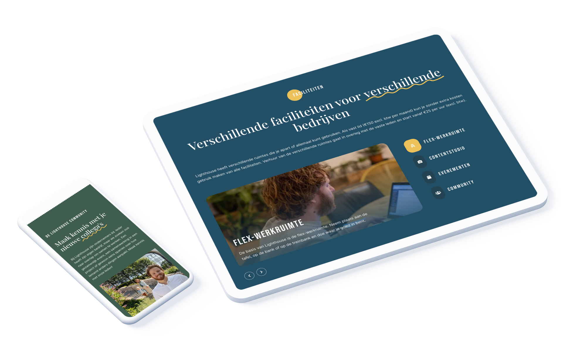 De Nederlandse zakelijke website, met Lighthouse Heerlen, wordt weergegeven op een tablet en smartphone en toont flexibele werkruimteopties en faciliteiten.