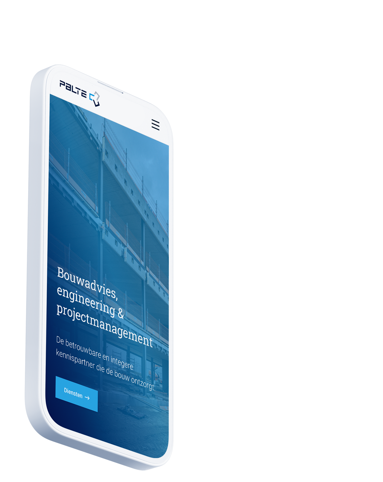 Een smartphone met daarop een webpagina voor "Bouwadvies, engineering & projectmanagement" van Pailte B.V.