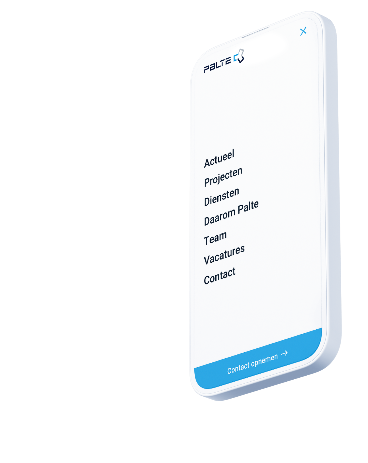 Een smartphonescherm met een menu in het Nederlands met opties als Actueel, Projecten, Diensten en andere, waarbij de premium financiële diensten van Palte B.V. in Nederland worden benadrukt.