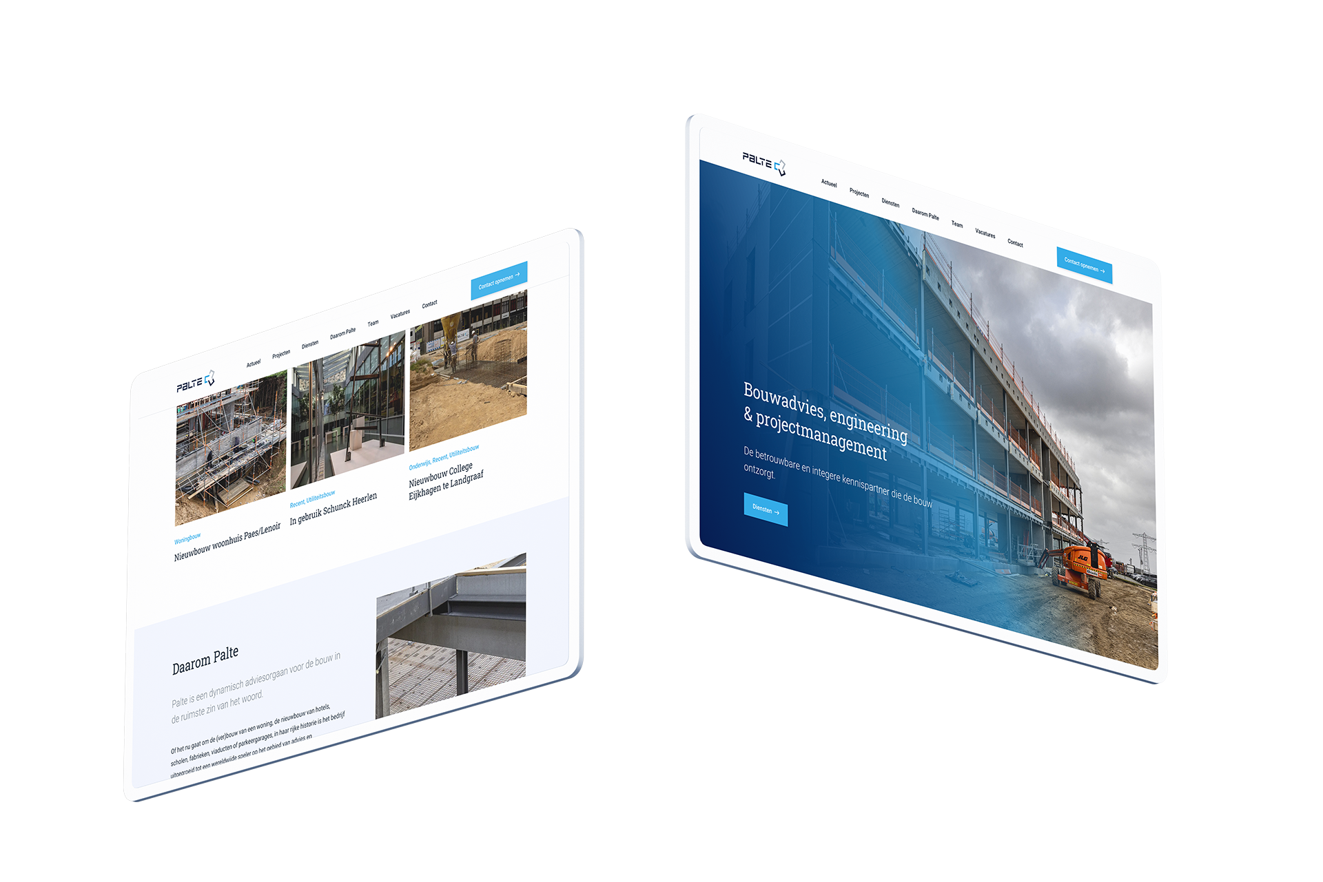 Twee schuine website-mockups voor Palte B.V. waarin diensten voor bouwprojectmanagement worden getoond met afbeeldingen en tekst.