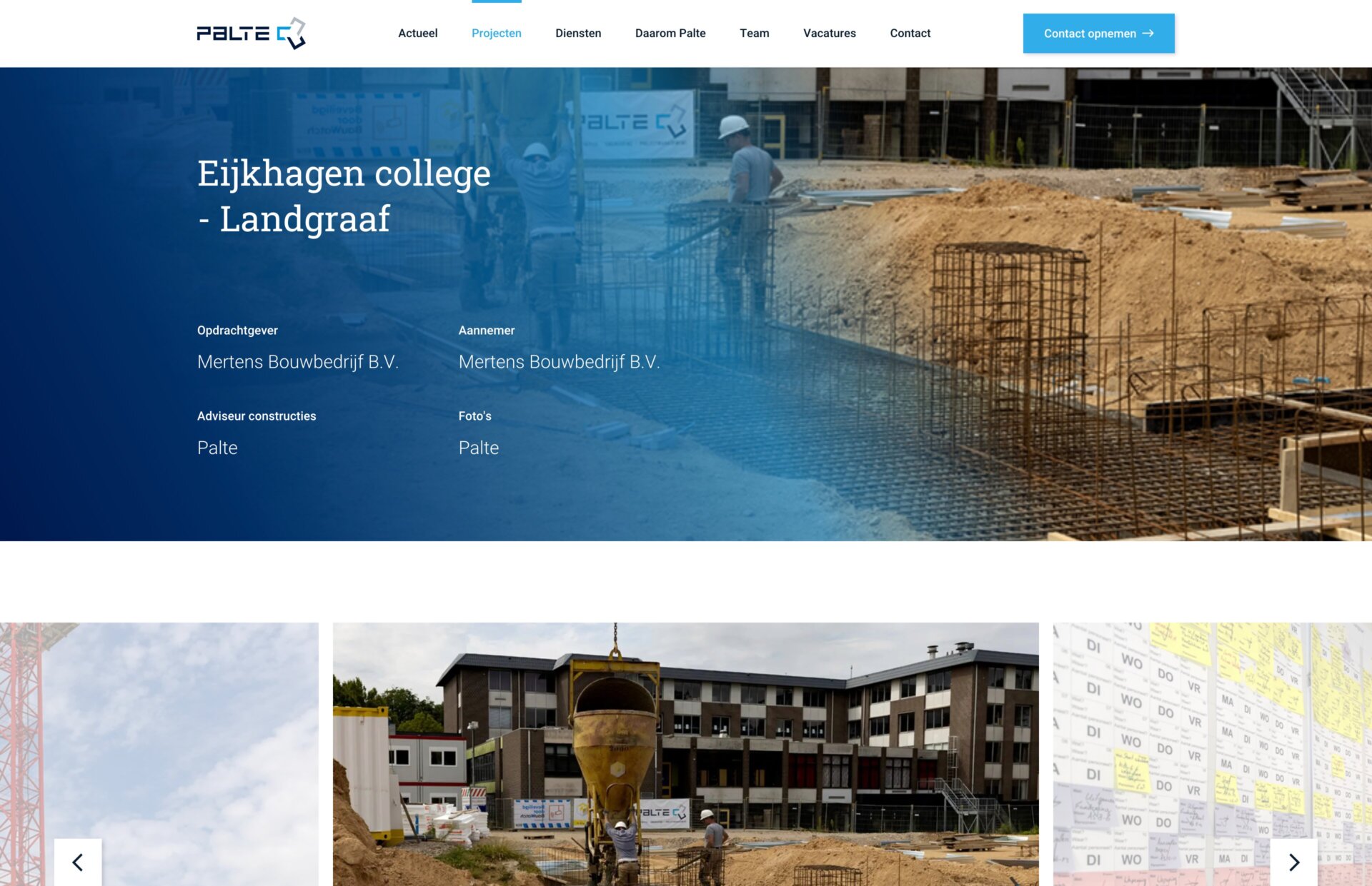 Bouwplaats met werknemers van Palte B.V. bouwen aan een nieuw gebouw voor het Eijkhagen College in Landgraaf.