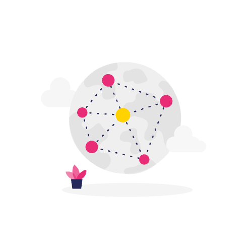 Illustratie van een wereldbol met verbonden roze stippen, een geel centrum, wolken eromheen en een kleine potplant in de buurt, die het mondiale bereik en de connectiviteit symboliseert die effectieve linkbuilding kan bereiken.