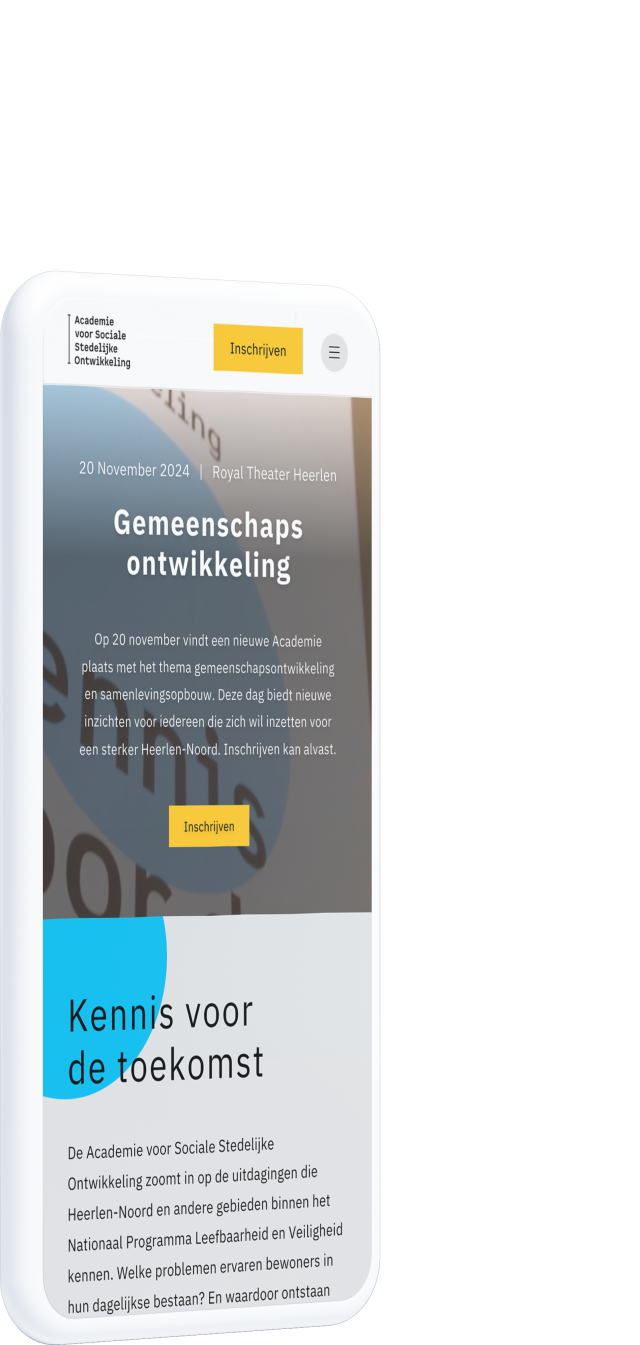 Een smartphone toont een Nederlandse website met details over een Academie Sociale-evenement op 20 november 2024 in Heerlen, gericht op gemeenschaps- en stedelijke ontwikkeling.