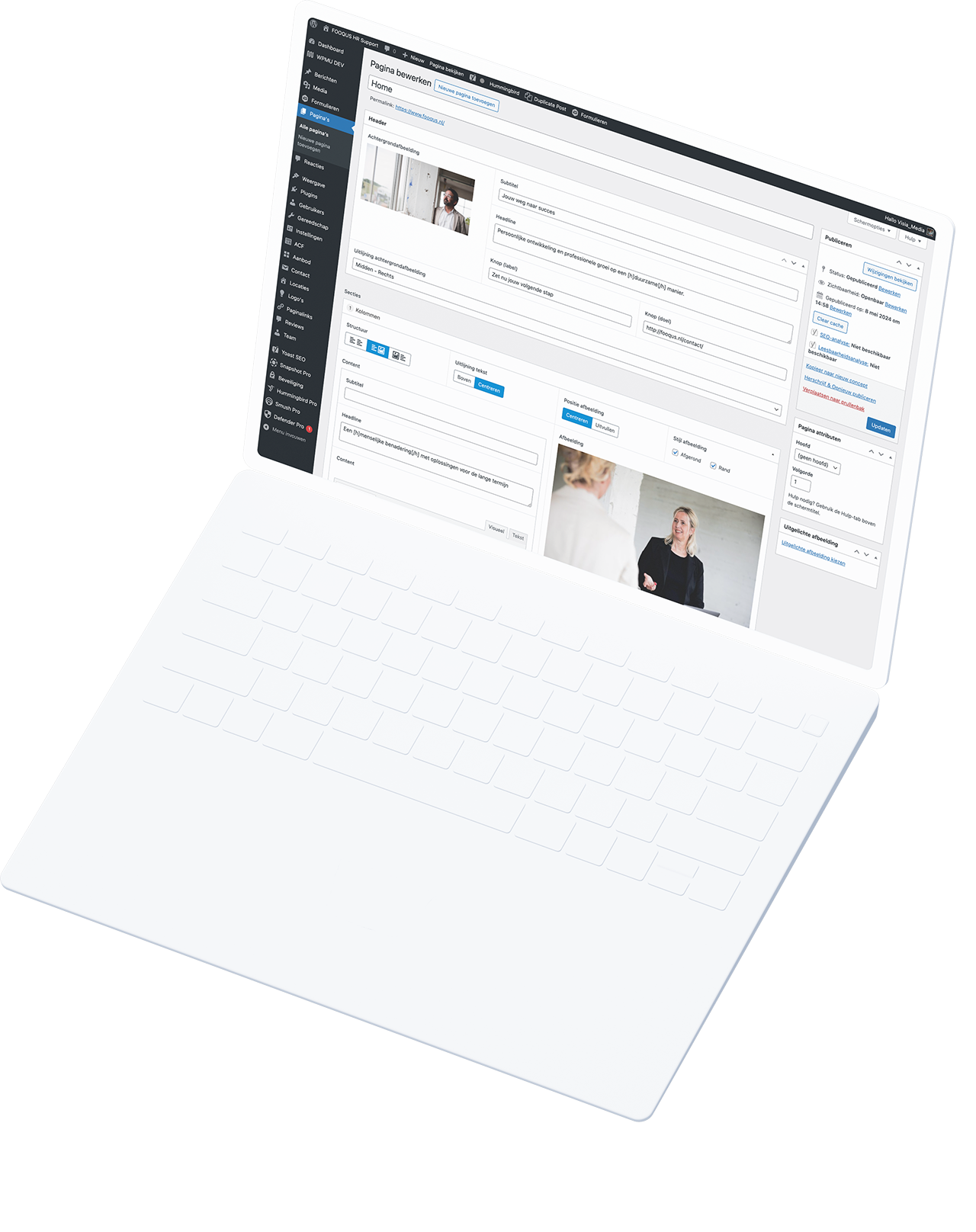 Een door FOOQUS verbeterd laptopscherm toont het WordPress-beheerdersdashboard, waarmee u moeiteloos webpagina's kunt bewerken.