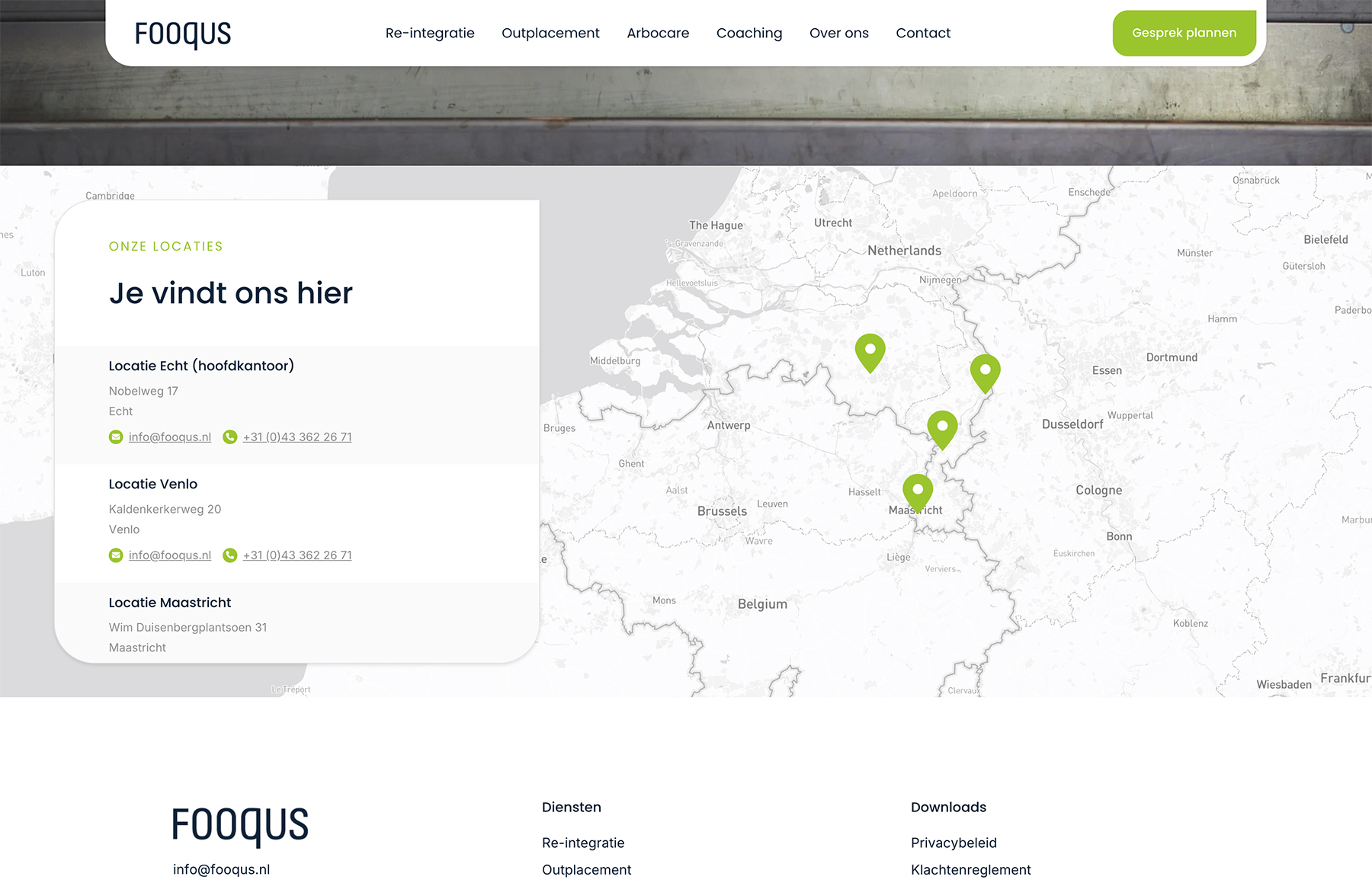 De FOOQUS-kaart markeert locaties in Nederland, met groene pinnen die Echt, Venlo en Maastricht markeren.