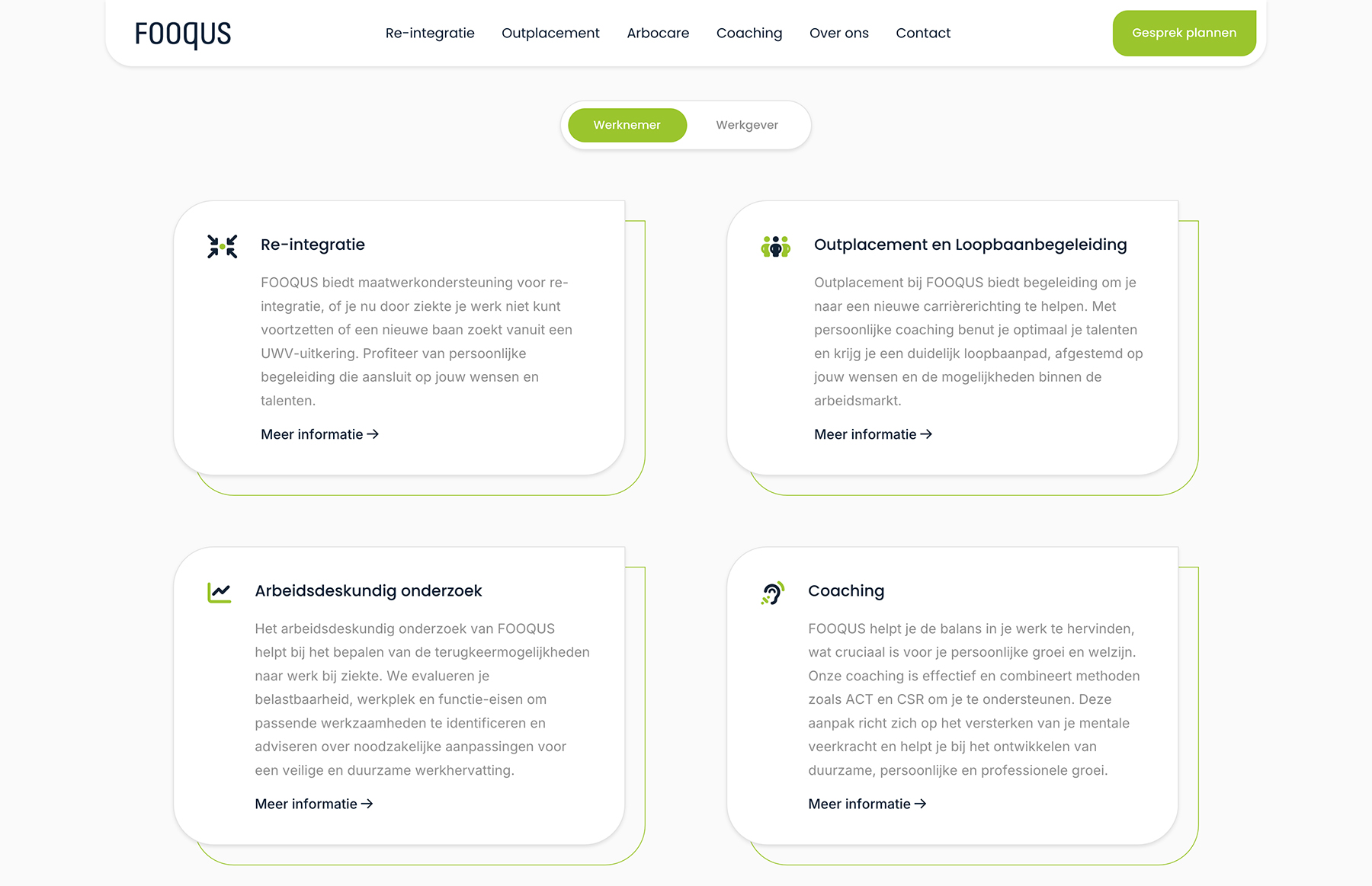 De FOOQUS-webpagina presenteert op prachtige wijze onderdelen over re-integratie, loopbaanbegeleiding, arbeidsonderzoek en coachingdiensten.