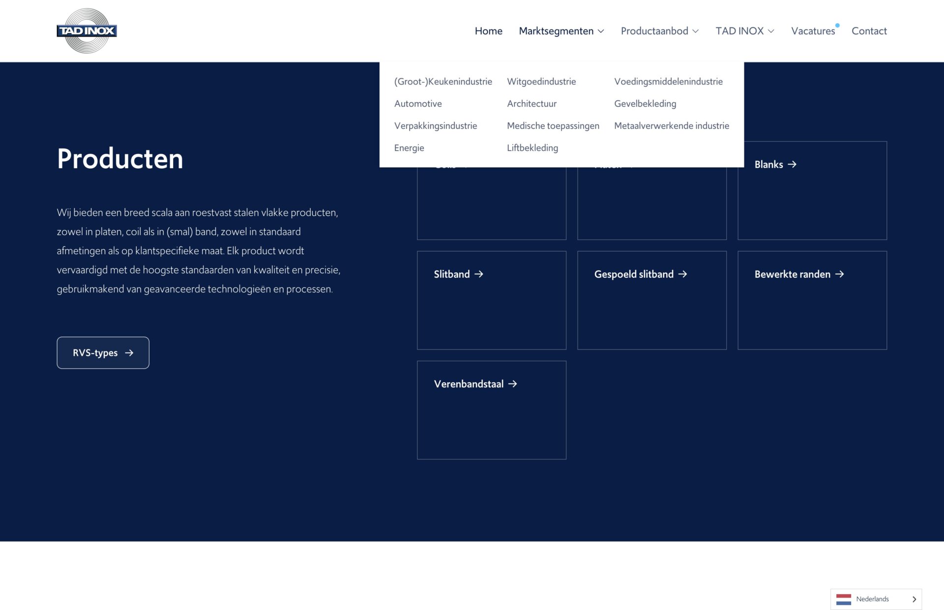 Ontdek onze website met een strakke menubalk, inclusief "Producten" met gecategoriseerde opties in een dropdownlijst. Blader moeiteloos door TAD INOX-aanbiedingen voor selecties van topkwaliteit.