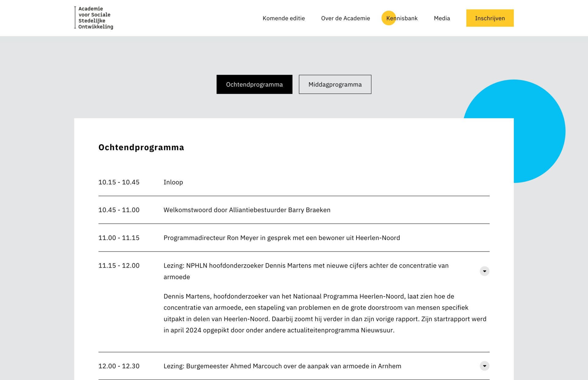 Het evenementenprogramma, samengesteld door Academia Sociale Stedelijke Ontwikkeling, bestaat uit een ochtendprogramma met een warm welkom en boeiende lezingen, alles overzichtelijk weergegeven in tabelvorm.