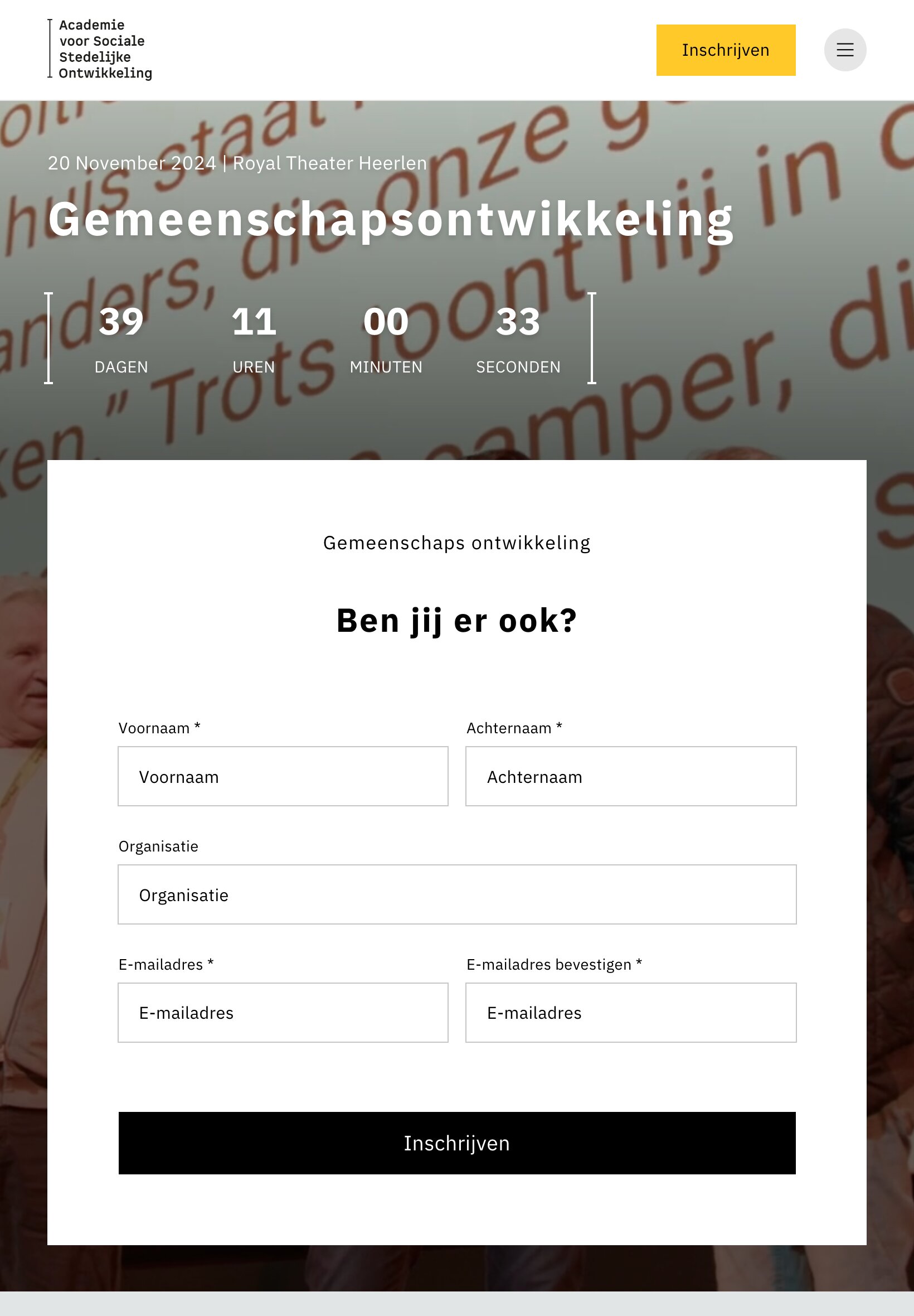 Registratieformulier voor het evenement Sociale, gericht op gemeenschapsontwikkeling, met een aftelklok tegen een achtergrond van mensen die met elkaar in gesprek zijn.