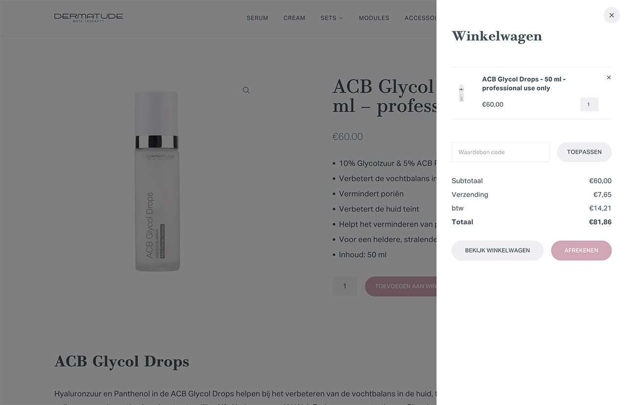 Winkelwagen met daarin een aankoop van ACB Glycol Drops, inclusief Dermatude-producten, voor een totaalbedrag van € 60,00, met de mogelijkheid om af te rekenen.