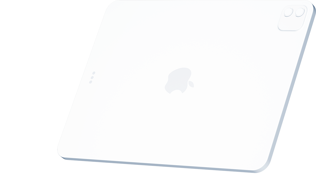 Achterkant van een witte tablet met een verhoogde cameramodule en Apple-logo, dat subtiel doet denken aan het strakke design van Hub Nix, tegen een onberispelijk witte achtergrond.