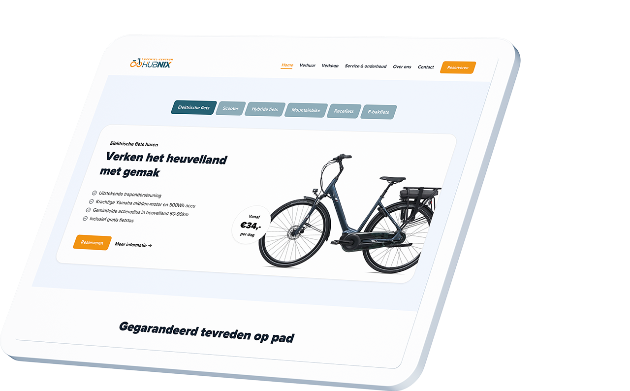 De tablet toont een website van Tweewiel-Centrum, met een afbeelding en gedetailleerde specificaties van de Hub Nix elektrische fiets, die innovatie combineert met een strak design.